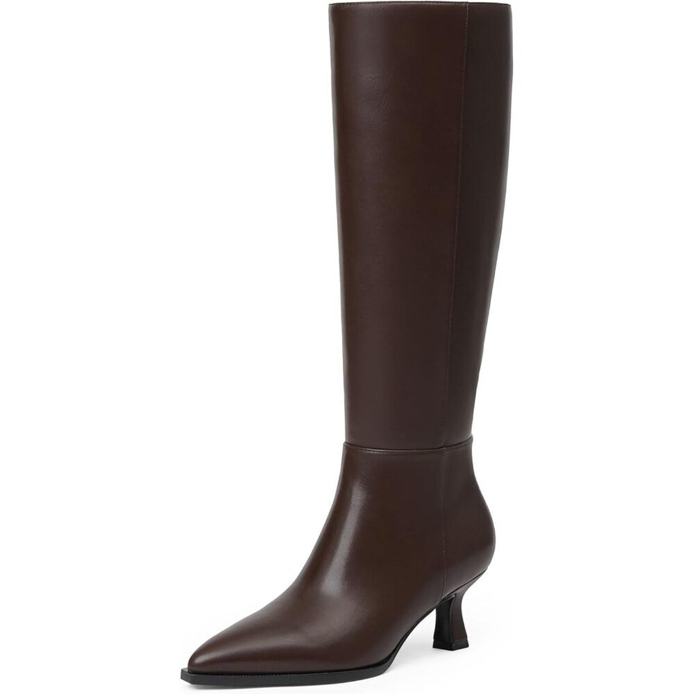 Women's Chocolate Pu Kitten Low Heel Toe Side Zipper Long Tall Knee High Boots - Picture 1 of 7